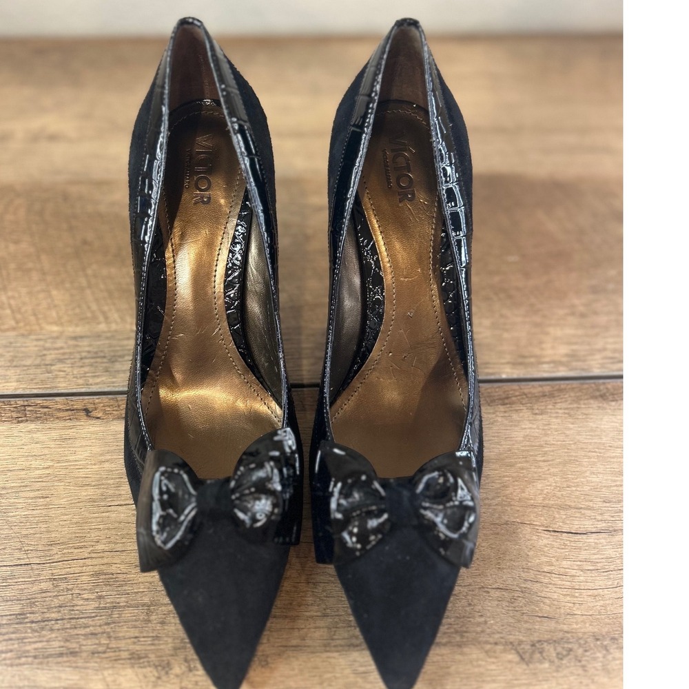 VICTOR ALFARO Black Suede Patent Bow Stiletto Heels Women's Size 8M - Picture 2 of 6
